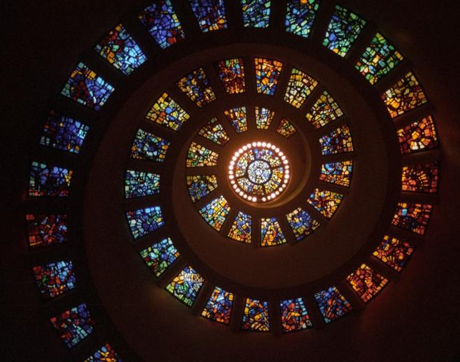 Colorful stained glass spiral ceiling design
