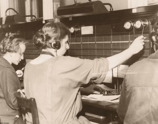 Vintage telephone operators working at switchboard