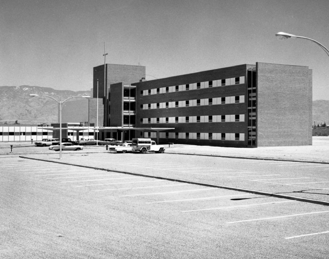 Vintage black-and-white hospital building exterior